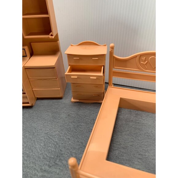 Vintage Mini Dollhouse Furniture Set Bedroom & Kitchen Brown - Picture 3 of 14